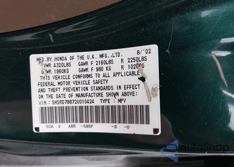 2002 Honda Cr-V Ex z USA, uszkodzony, nr VIN SHSRD78872U010424